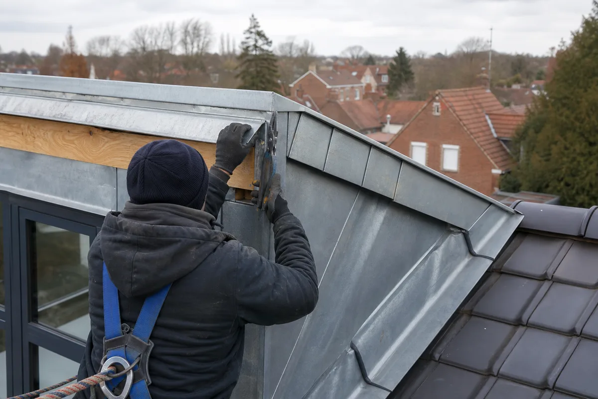 Longue toiture de tuiles rouges d&rsquo;une ferme flamande rénovée à Bondues sous un ciel gris lumineux