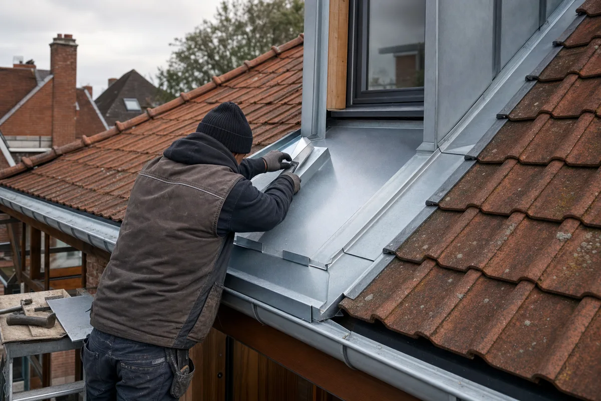 Mains d&rsquo;un zingueur façonnant une feuille de zinc sur un établi devant une ferme en brique