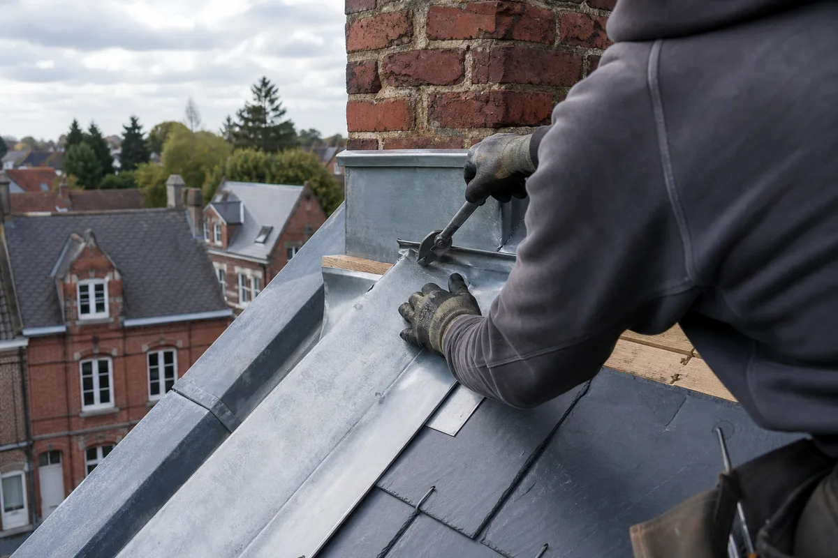 Artisan de dos sur un échafaudage posant une gouttière en zinc sur une façade de brique