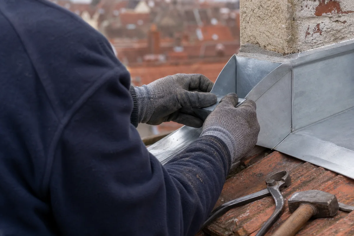Mains d’un artisan façonnant un raccord de zinc sur un toit, lumière douce du Nord