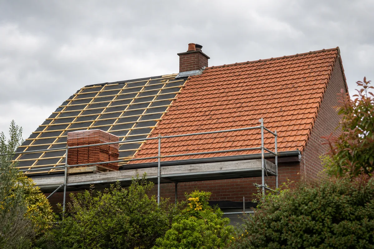 Chantier de réfection complète d’une toiture sur une maison en brique du Nord