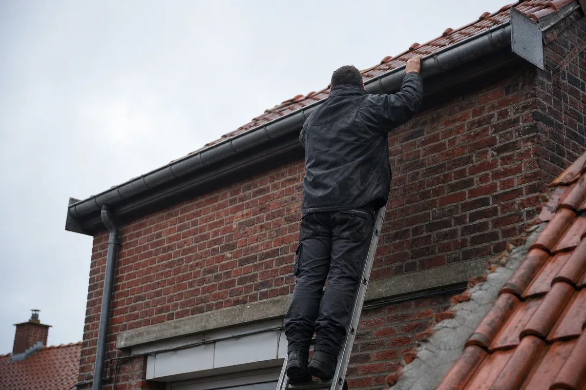 Artisan couvreur de dos inspectant une gouttière en zinc sur une maison en brique du Nord