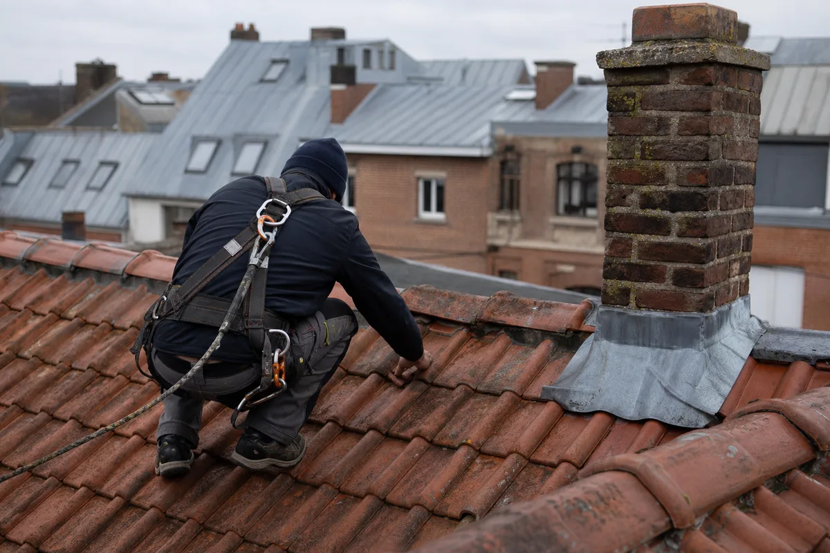 Couvreur inspectant un toit de tuiles mécaniques rouges dans la métropole lilloise