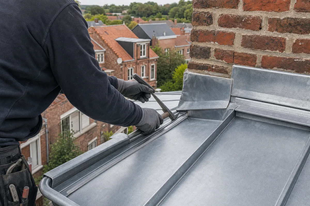 Mains d&rsquo;un artisan pliant une feuille de zinc sur un établi de chantier