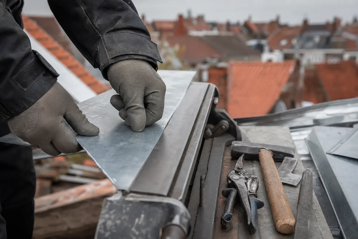 Mains d&rsquo;un zingueur pliant une feuille de zinc sur un établi devant des toits en brique